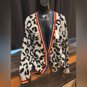 MADELEINE THOMPSON Black & White Leopard Cardigan with Rainbow Trim BRAND NEW